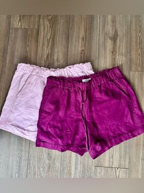 LOFT High-Waist Elastic Linen Shorts Duo in Light Pink/lavender & Plum